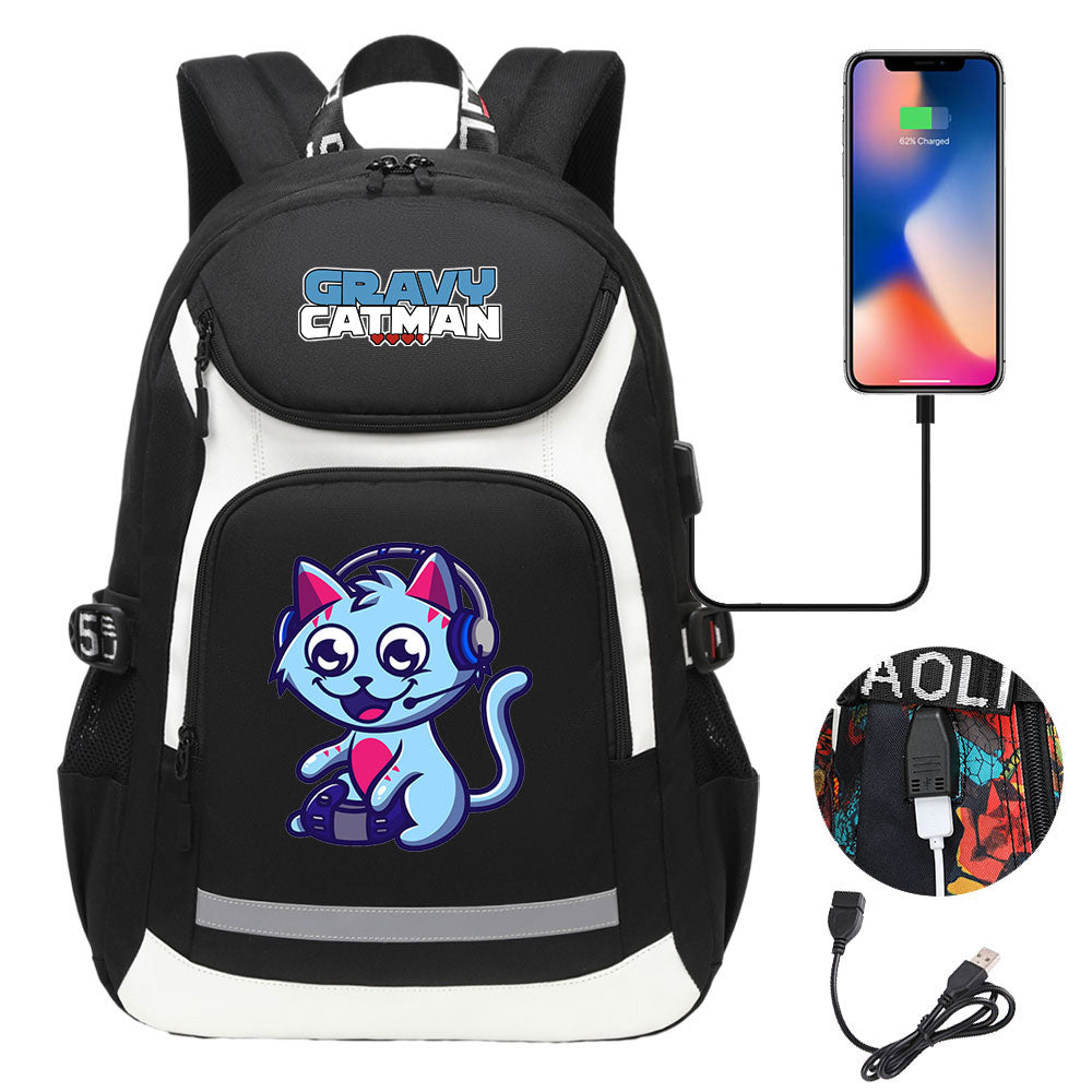 Gravy Cat Man USB Charging Backpack School NoteBook Laptop Travel Bags