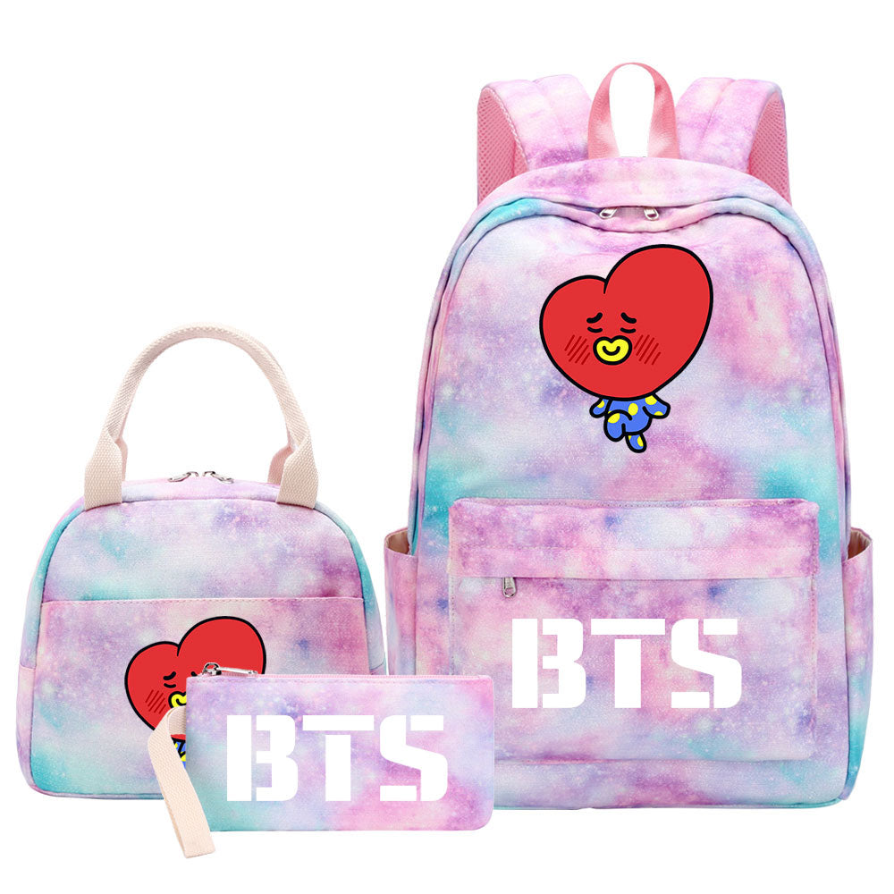 BTS TATA Pink Starry Sky SchoolBag Backpack Lunch Box Bag Book Pencil Bags 3pcs Set