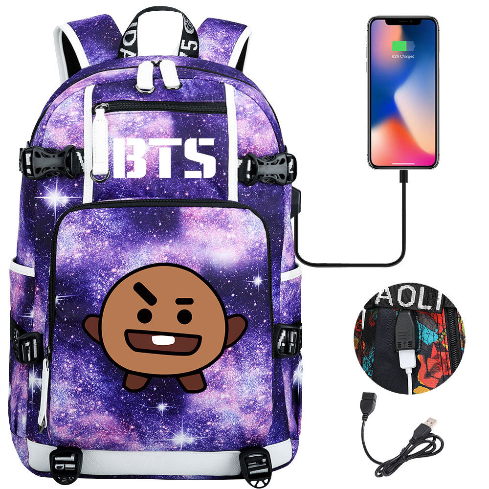 BTS Cartoon Shooky USB Charging Backpack School NoteBook Laptop Travel Bags