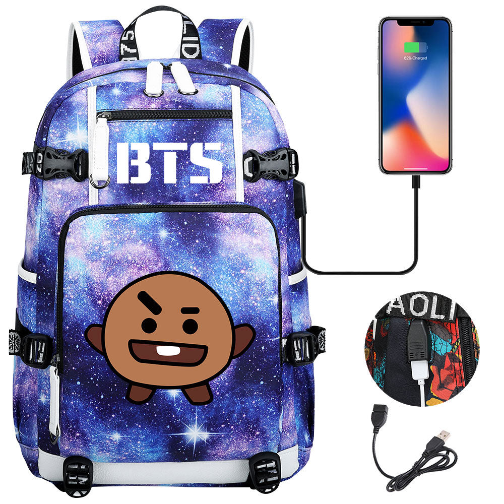 BTS Cartoon Shooky USB Charging Backpack School NoteBook Laptop Travel Bags