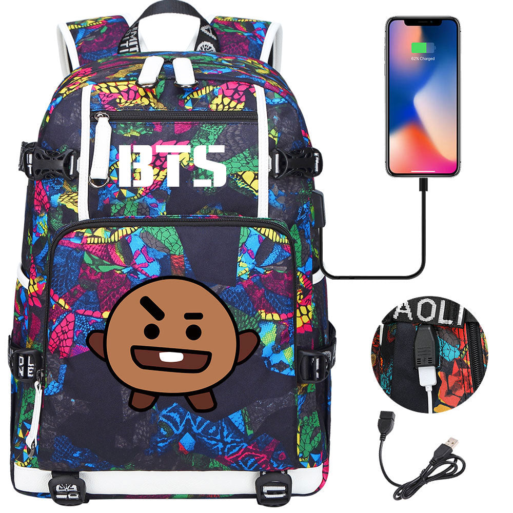BTS Cartoon Shooky USB Charging Backpack School NoteBook Laptop Travel Bags