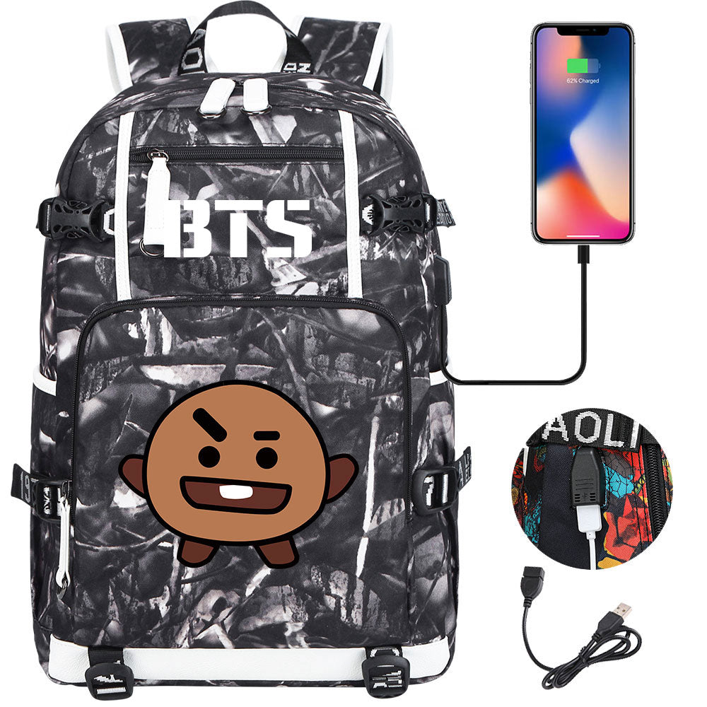 BTS Cartoon Shooky USB Charging Backpack School NoteBook Laptop Travel Bags