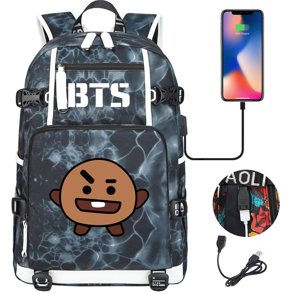 BTS Cartoon Shooky USB Charging Backpack School NoteBook Laptop Travel Bags