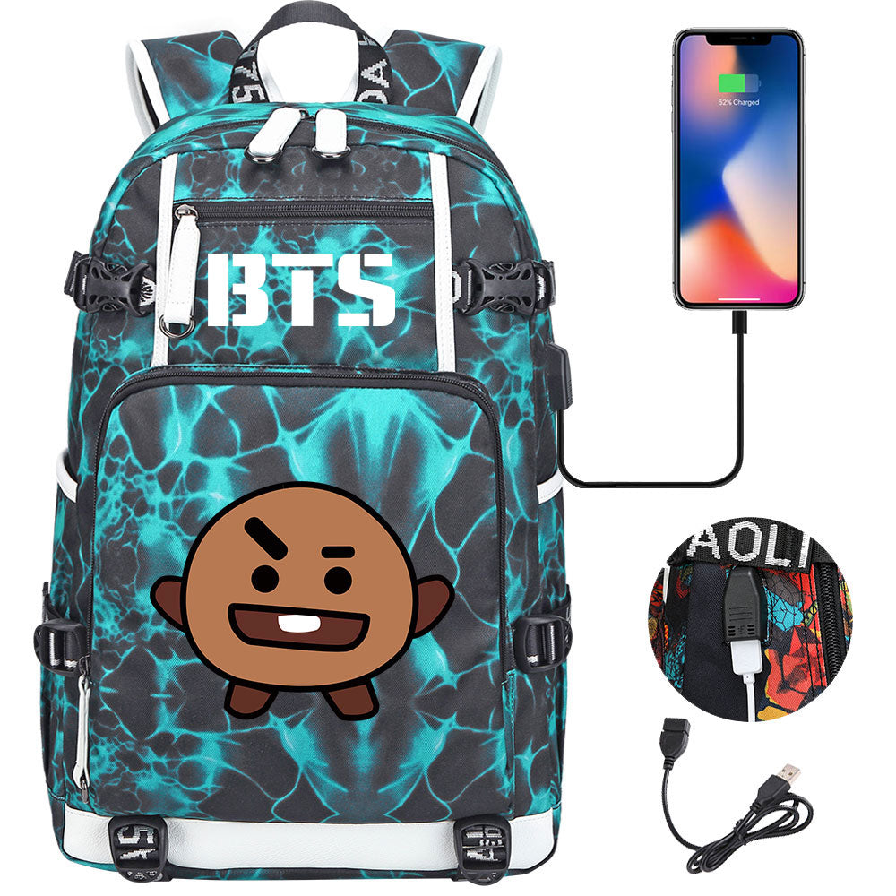 BTS Cartoon Shooky USB Charging Backpack School NoteBook Laptop Travel Bags