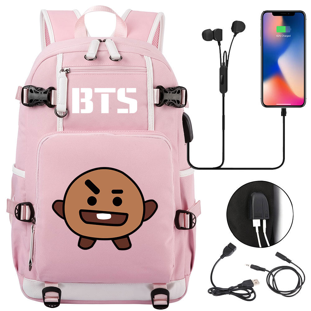 BTS Cartoon Shooky USB Charging Backpack School NoteBook Laptop Travel Bags