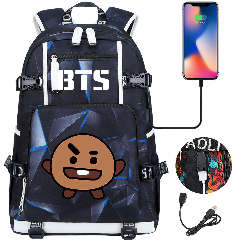 BTS Cartoon Shooky USB Charging Backpack School NoteBook Laptop Travel Bags