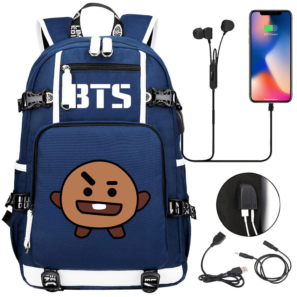 BTS Cartoon Shooky USB Charging Backpack School NoteBook Laptop Travel Bags