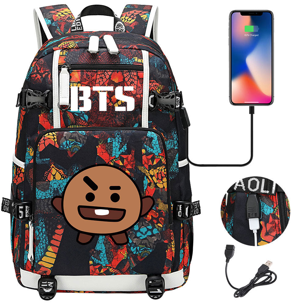 BTS Cartoon Shooky USB Charging Backpack School NoteBook Laptop Travel Bags