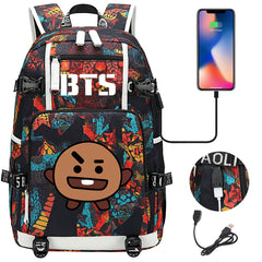 BTS Cartoon Shooky USB Charging Backpack School NoteBook Laptop Travel Bags