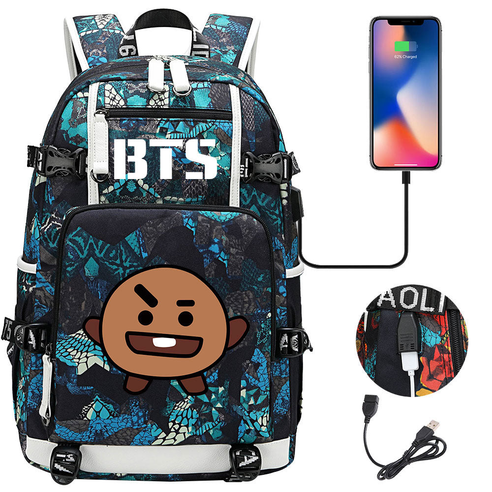 BTS Cartoon Shooky USB Charging Backpack School NoteBook Laptop Travel Bags