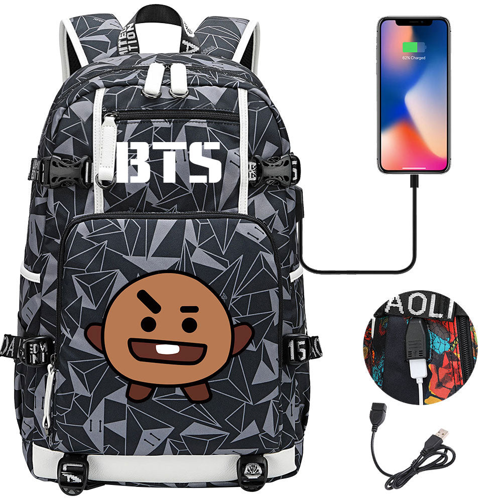 BTS Cartoon Shooky USB Charging Backpack School NoteBook Laptop Travel Bags