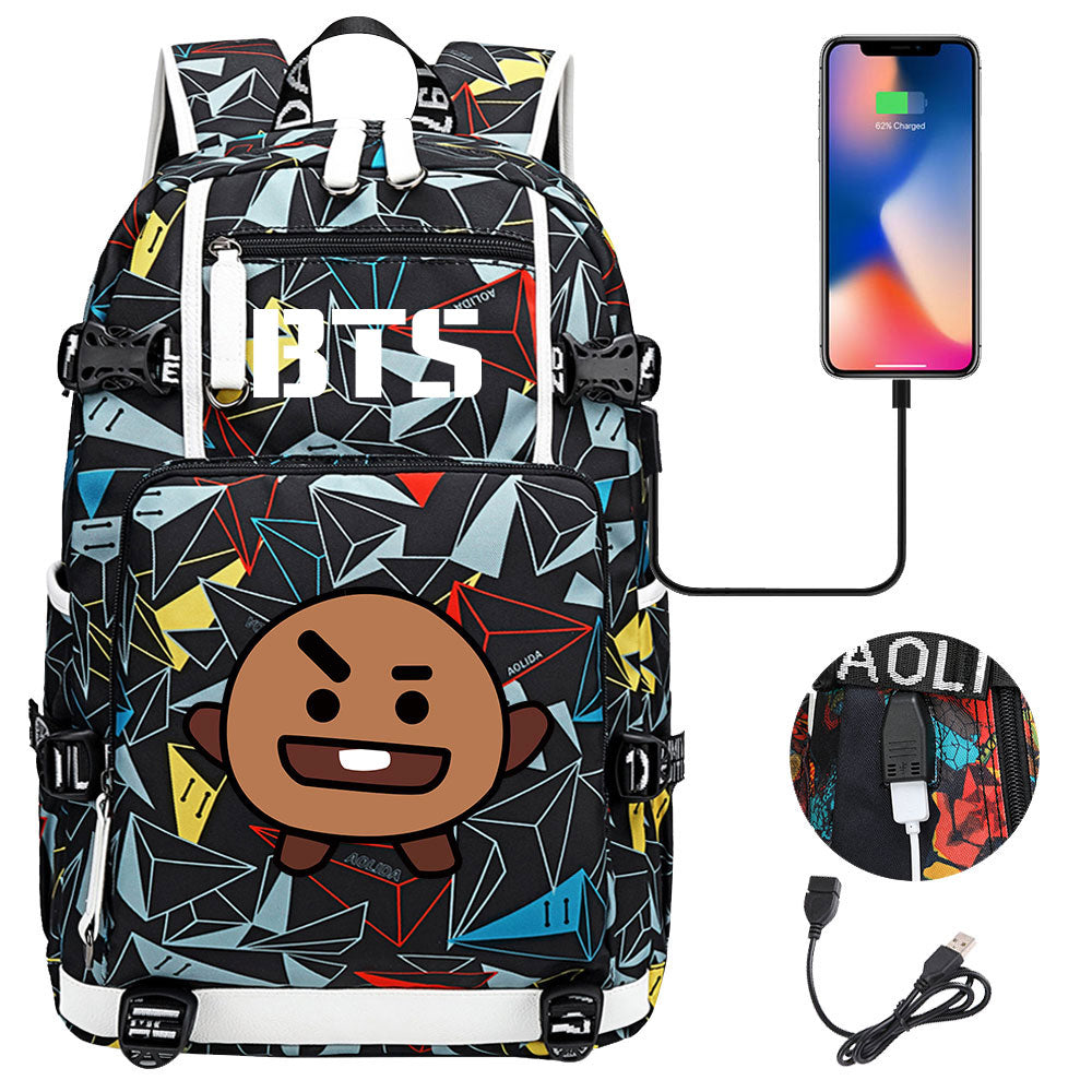 BTS Cartoon Shooky USB Charging Backpack School NoteBook Laptop Travel Bags