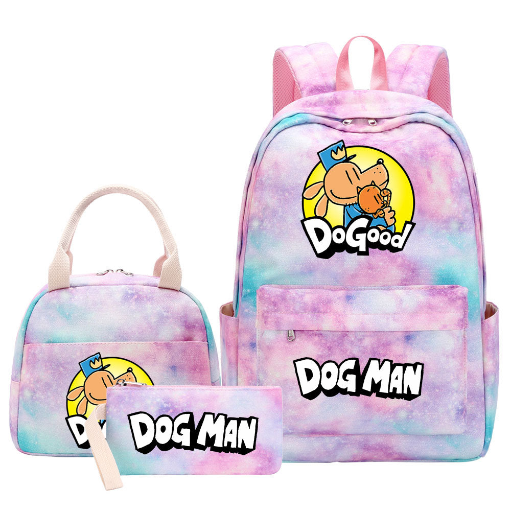 Dog Man Pink Starry Sky SchoolBag Backpack Lunch Box Bag Book Pencil Bags 3pcs Set