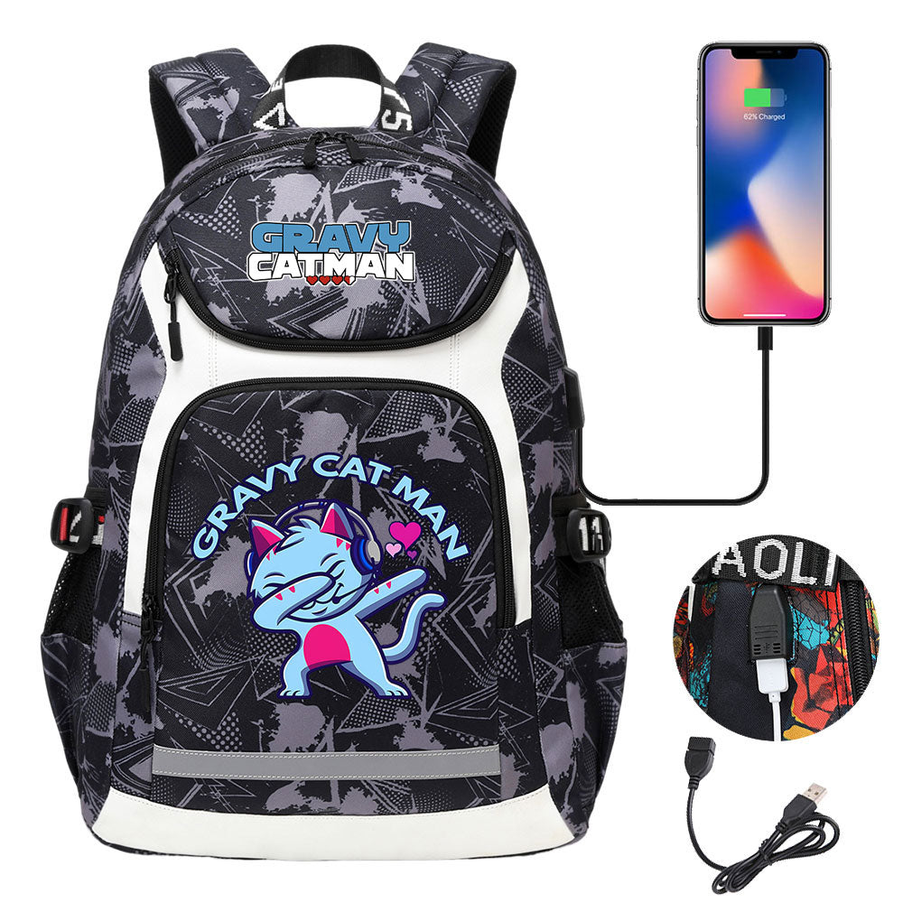 Gravy Cat Man USB Charging Backpack School NoteBook Laptop Travel Bags