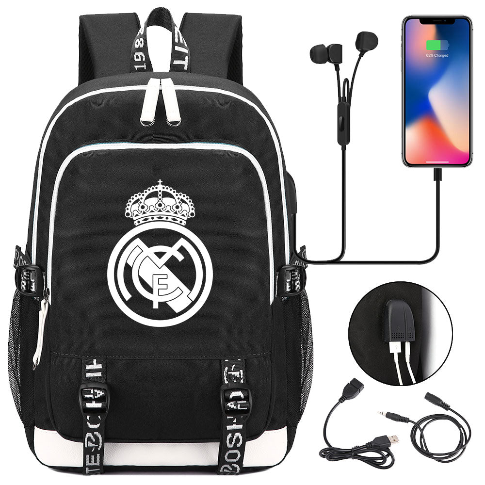 Real Madrid Football Club USB Charging Backpack School Note Book Laptop Travel Bags