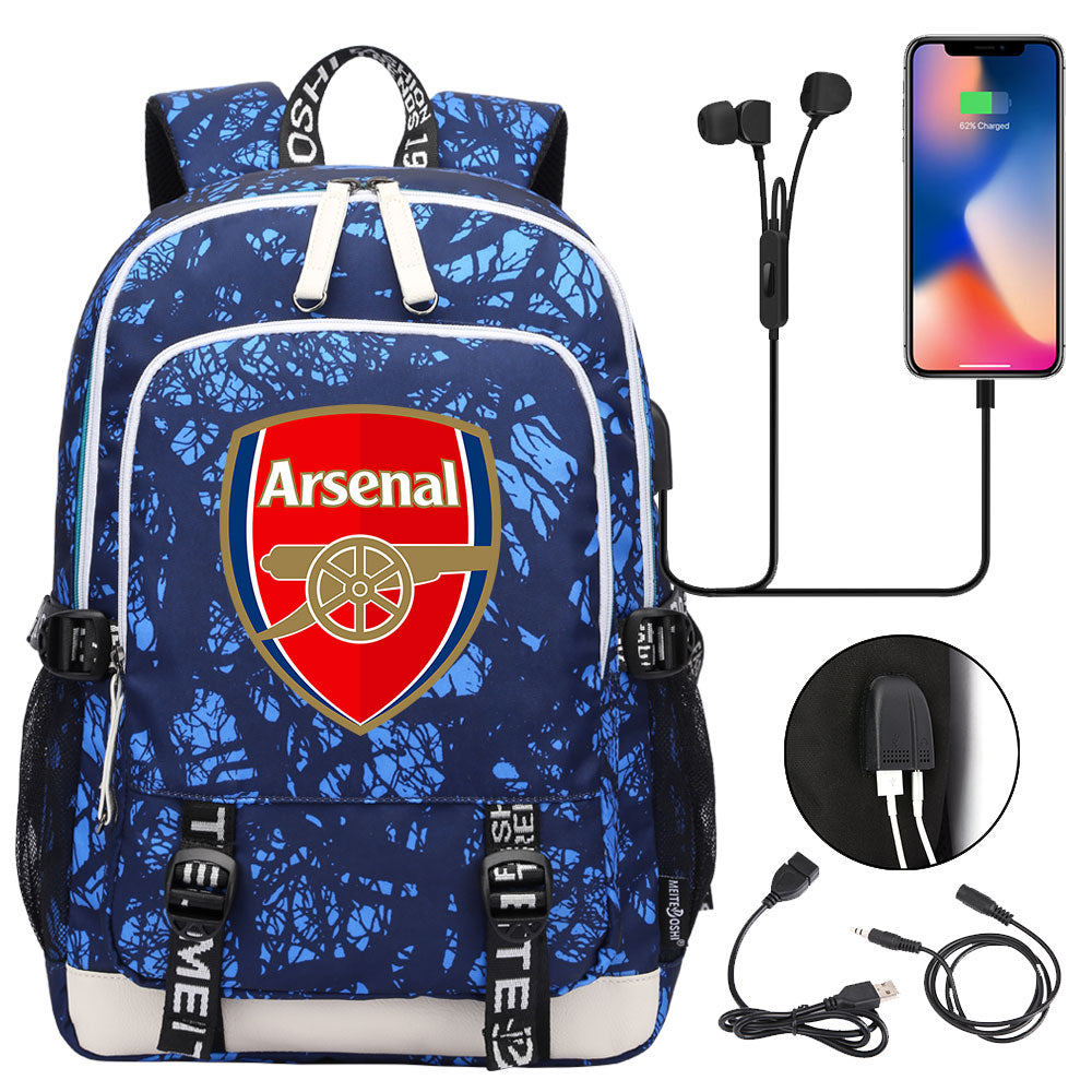 Arsenal Football Club USB Charging Backpack School Note Book Laptop Travel Bags