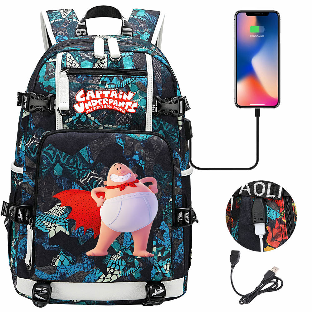 Captain Underpants USB Charging Backpack School NoteBook Laptop Travel Bags