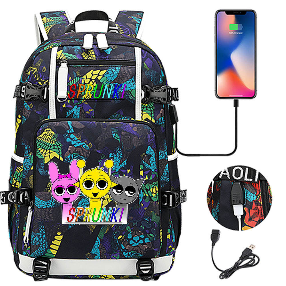 Sprunki USB Charging Backpack School NoteBook Laptop Travel Bags