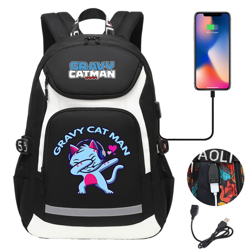 Gravy Cat Man USB Charging Backpack School NoteBook Laptop Travel Bags