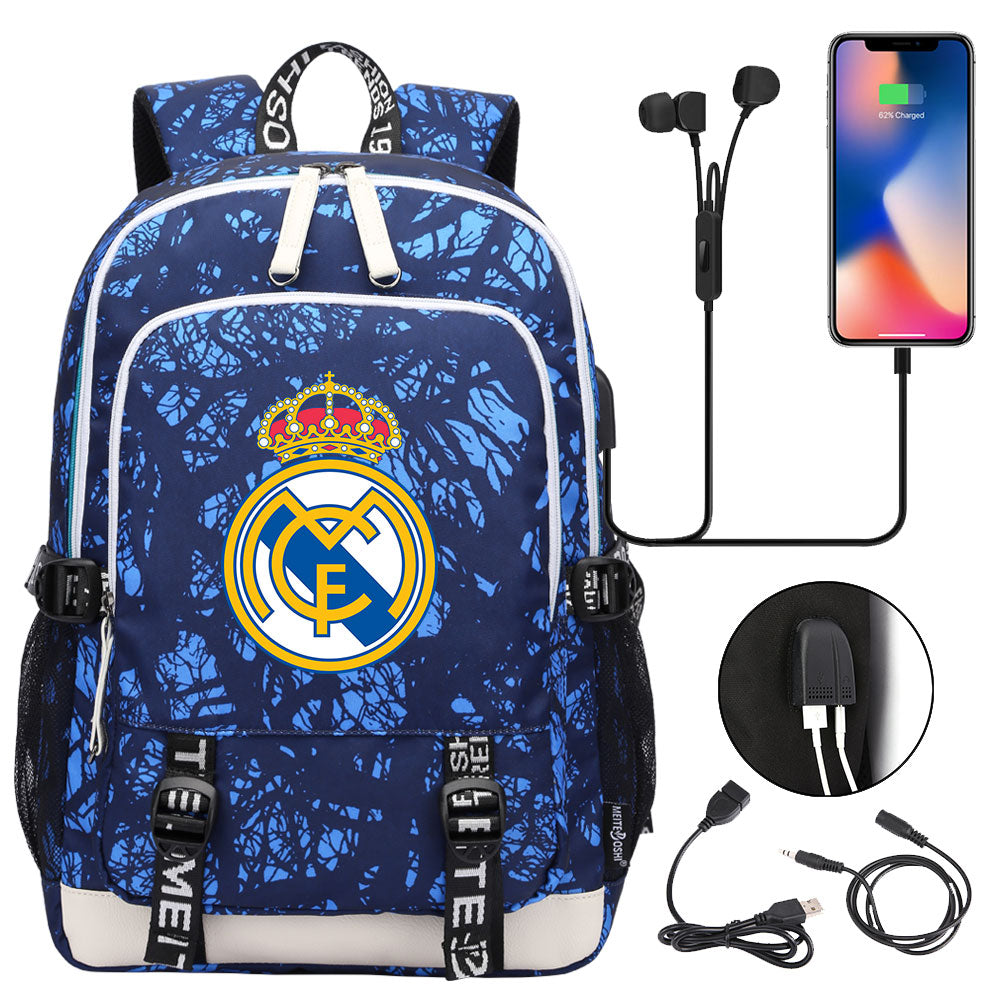 Real Madrid Football Club USB Charging Backpack School Note Book Laptop Travel Bags