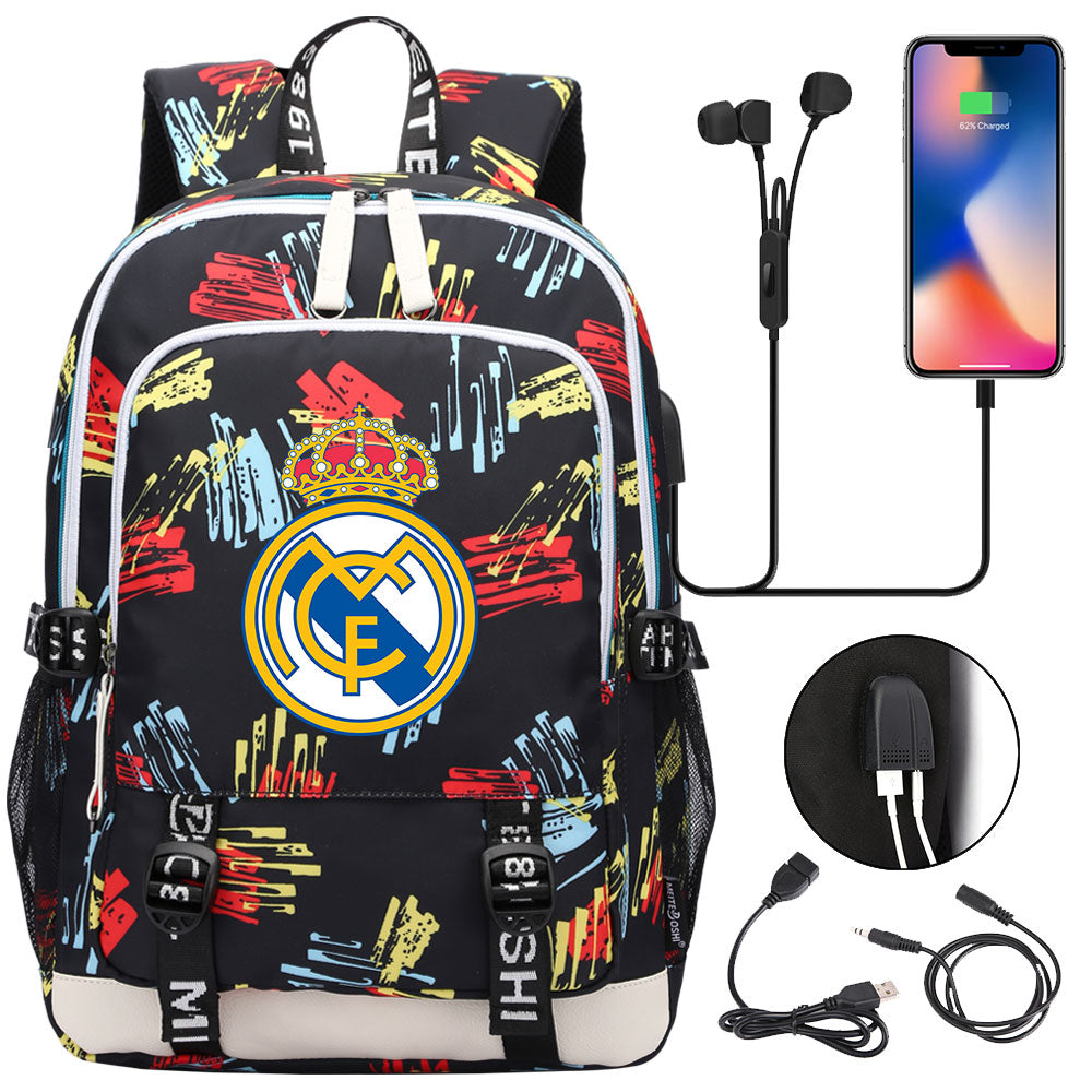 Real Madrid Football Club USB Charging Backpack School Note Book Laptop Travel Bags
