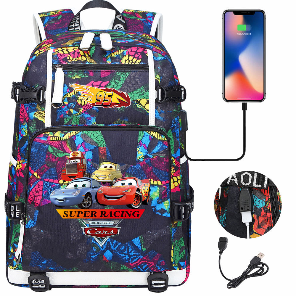 Cars Lightning USB Charging Backpack School NoteBook Laptop Travel Bags