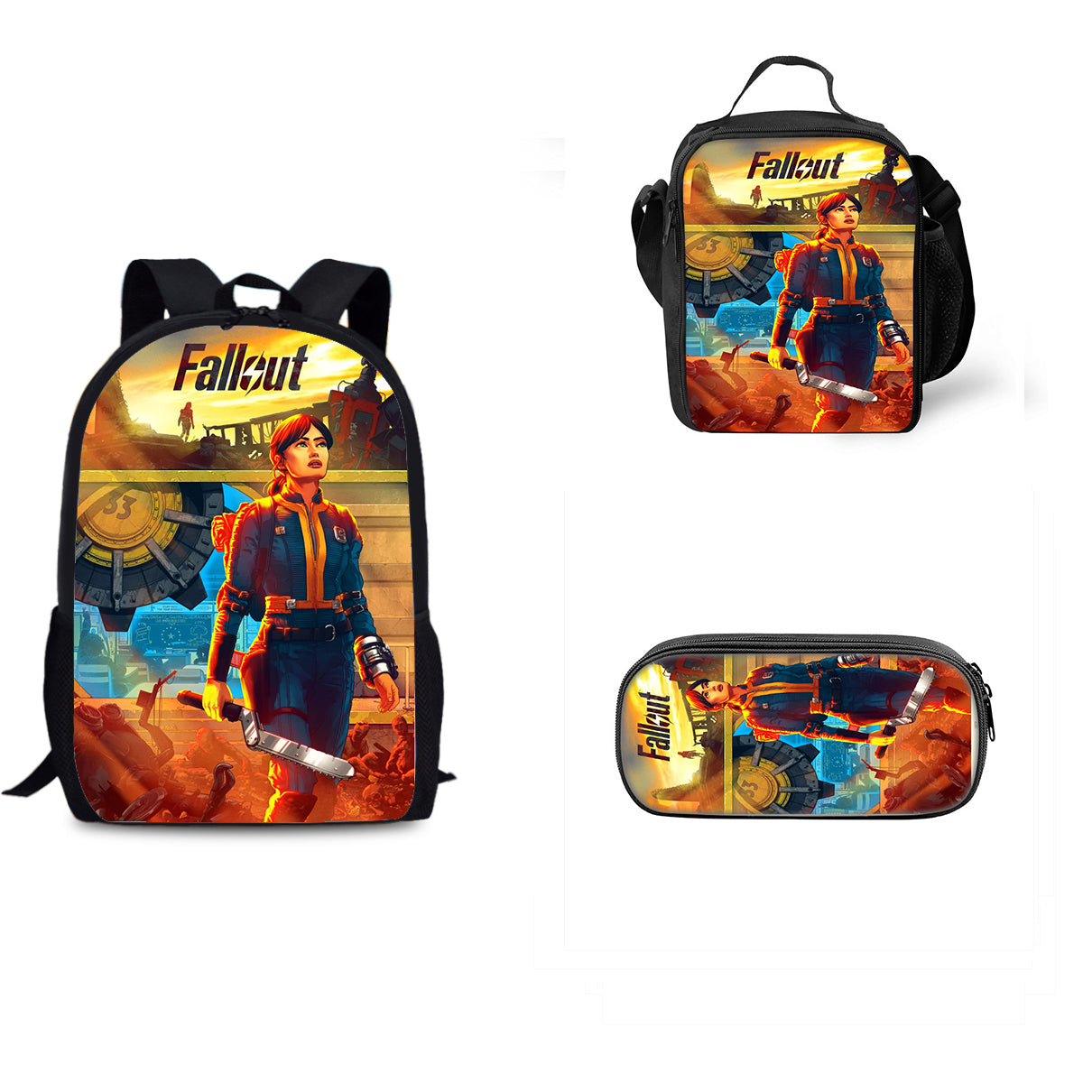 Fallout Schoolbag Backpack Lunch Bag Pencil Case 3pcs Set Gift for Kids Students