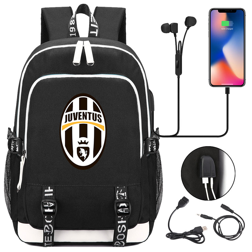 Juventus Football Club USB Charging Backpack School Note Book Laptop Travel Bags