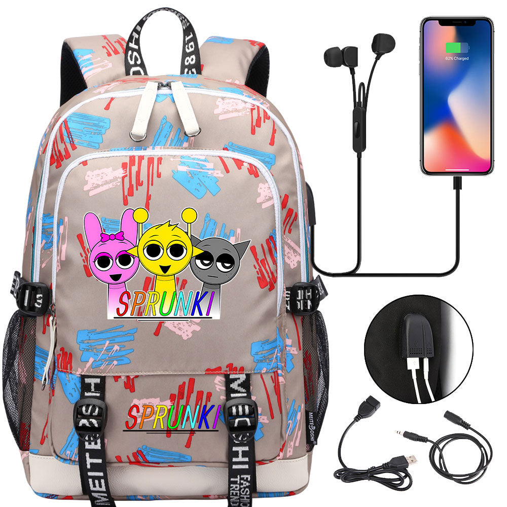 Sprunki USB Charging Backpack School Note Book Laptop Travel Bags