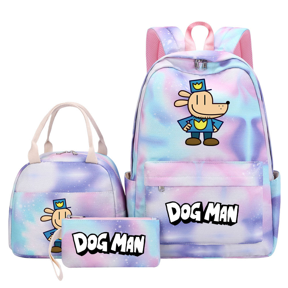 Dog Man Pink Starry Sky SchoolBag Backpack Lunch Box Bag Book Pencil Bags 3pcs Set