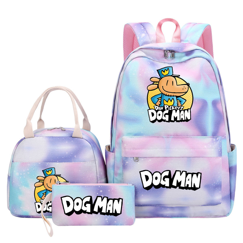 Dog Man Pink Starry Sky SchoolBag Backpack Lunch Box Bag Book Pencil Bags 3pcs Set