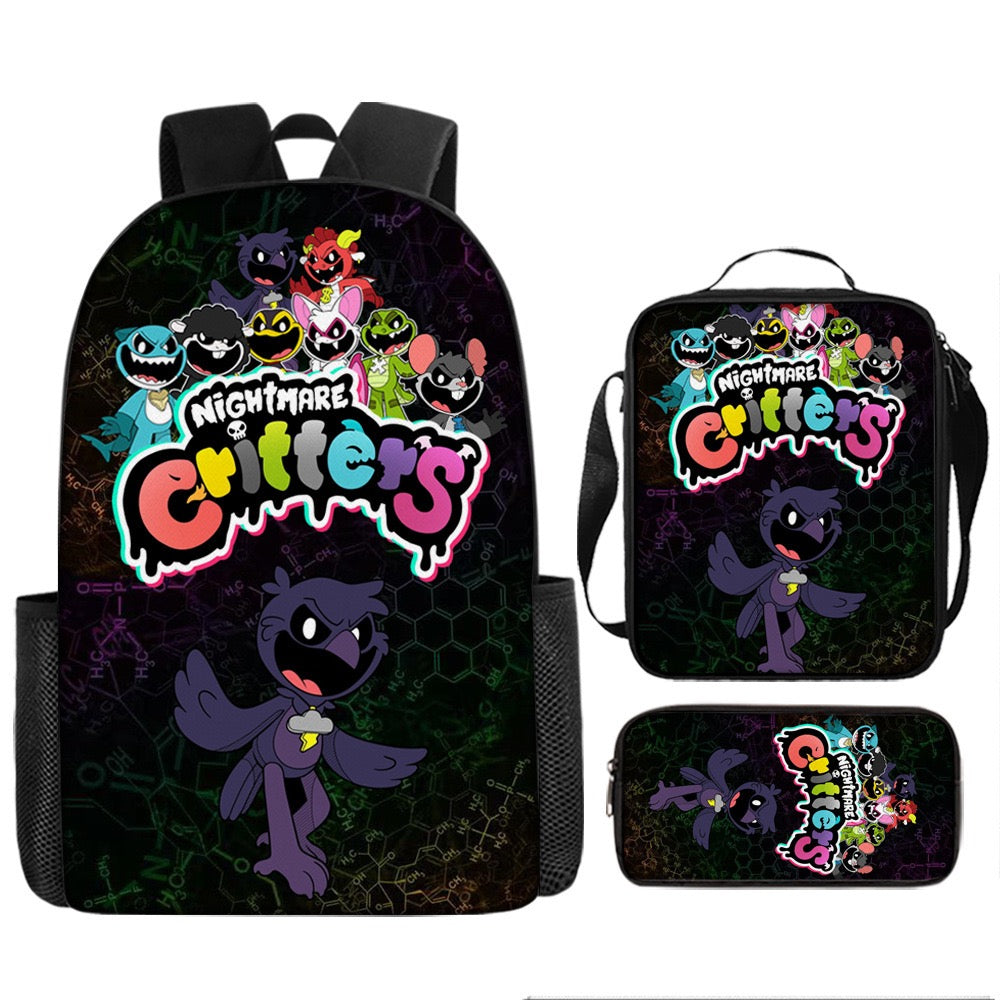 Nightmare Critters Schoolbag Backpack Lunch Bag Pencil Case 3pcs Set Gift for Kids Students