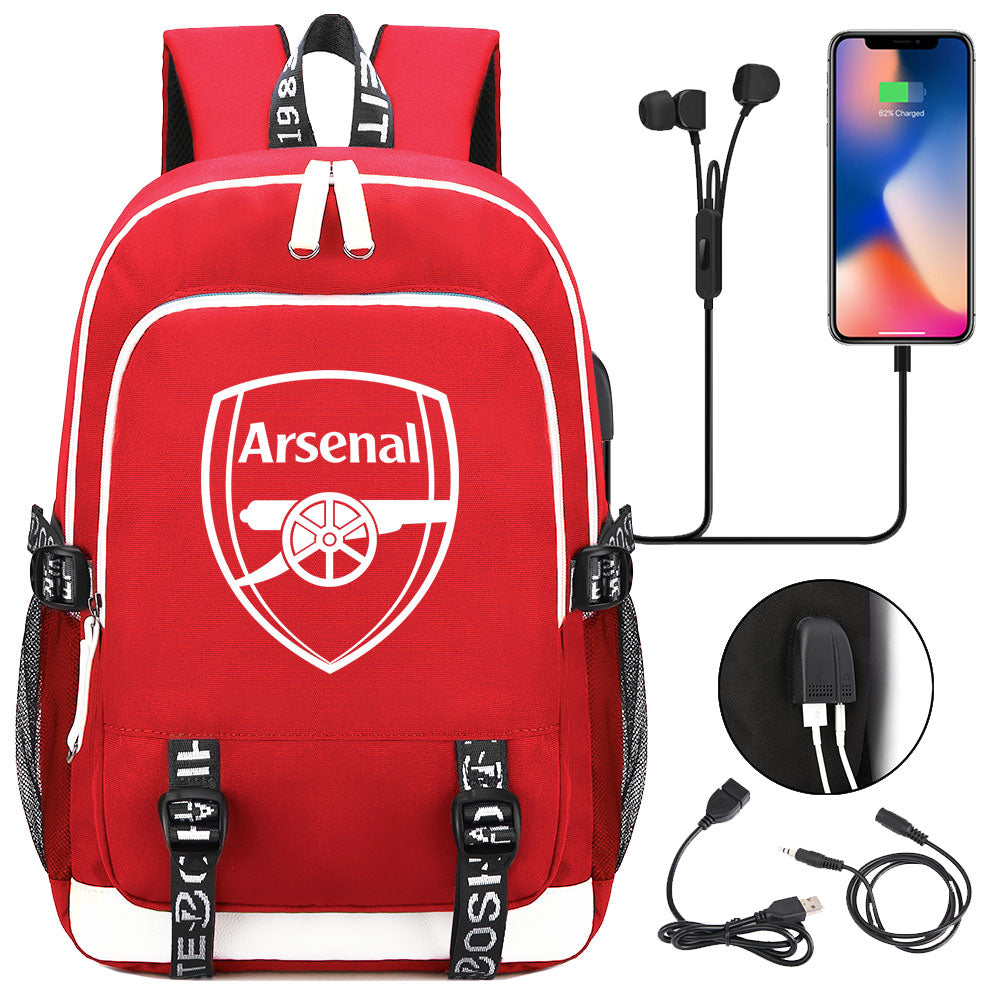 Arsenal Football Club USB Charging Backpack School Note Book Laptop Travel Bags