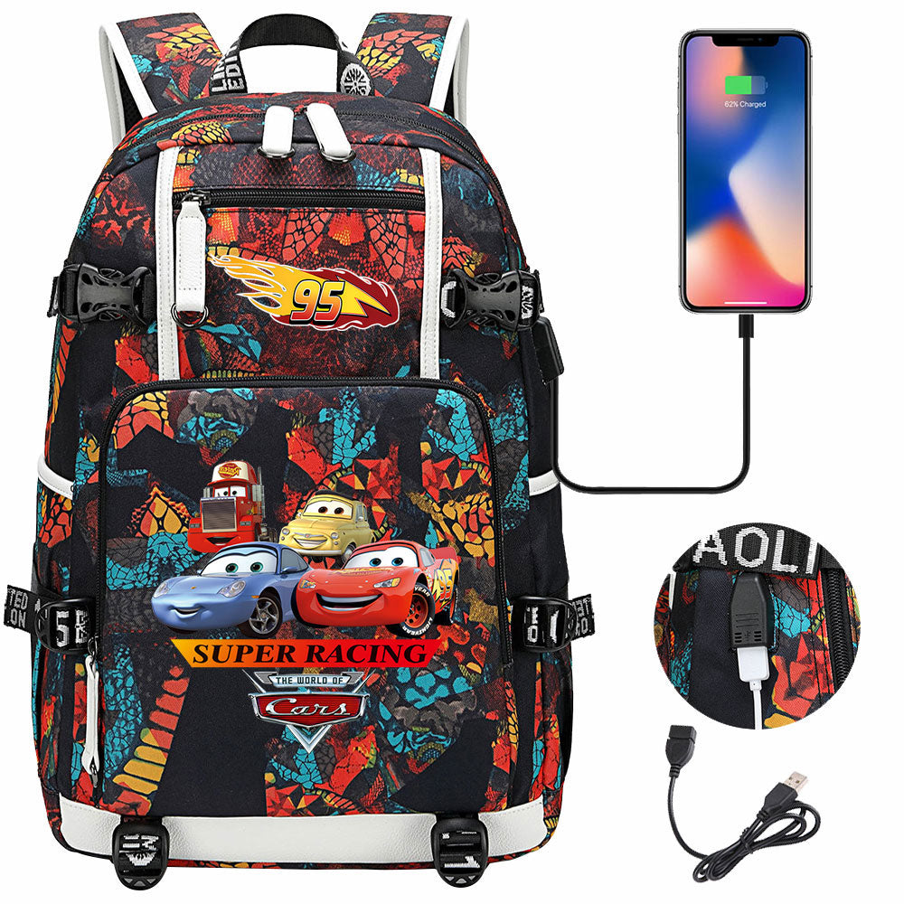 Cars Lightning USB Charging Backpack School NoteBook Laptop Travel Bags
