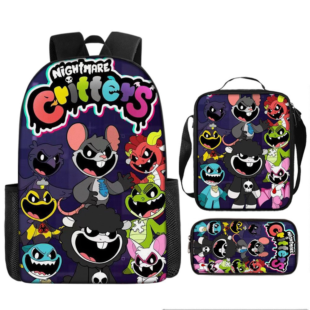 Nightmare Critters Schoolbag Backpack Lunch Bag Pencil Case 3pcs Set Gift for Kids Students