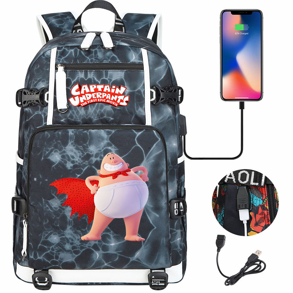 Captain Underpants USB Charging Backpack School NoteBook Laptop Travel Bags