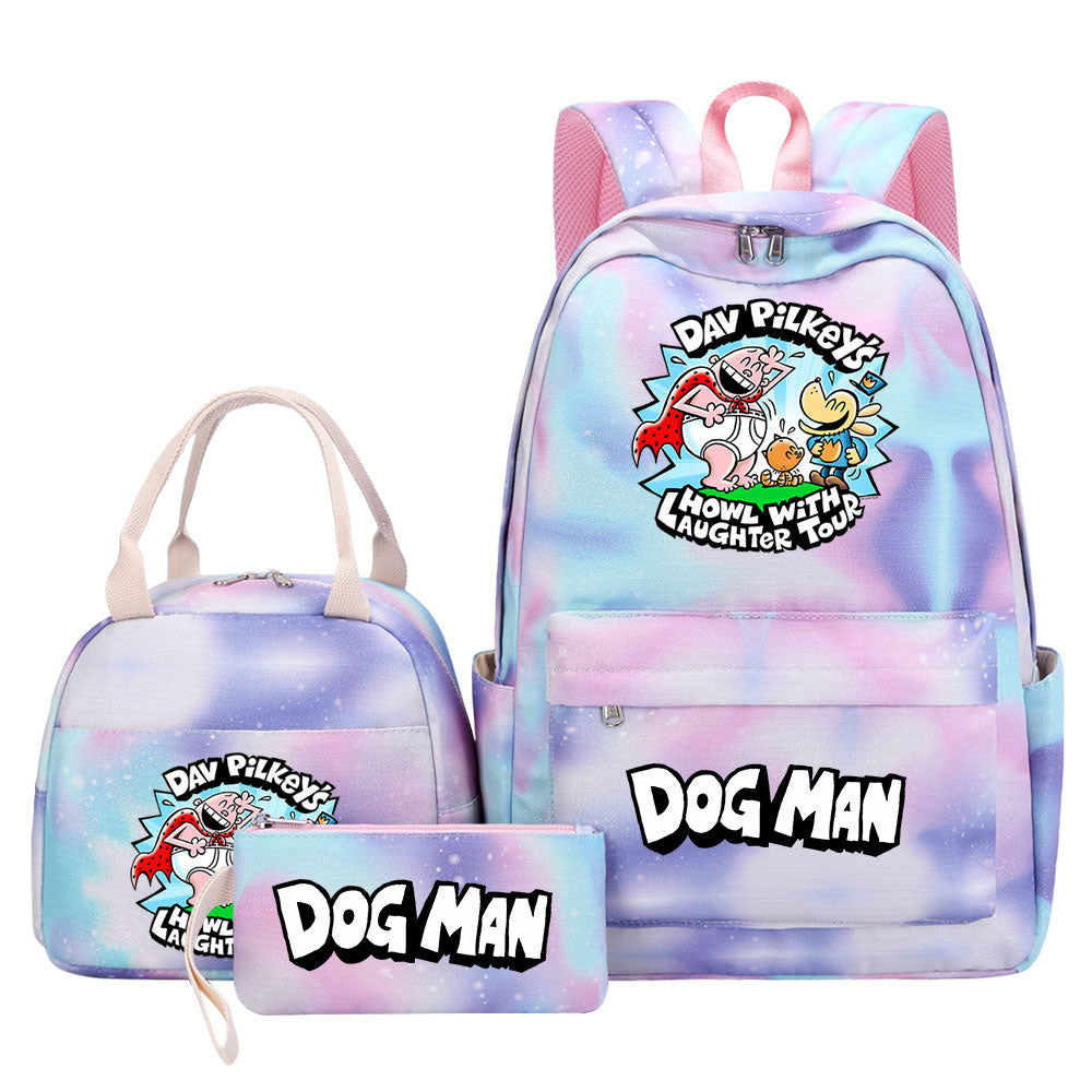 Dog Man Pink Starry Sky SchoolBag Backpack Lunch Box Bag Book Pencil Bags 3pcs Set