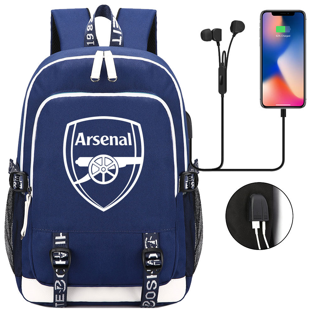 Arsenal Football Club USB Charging Backpack School Note Book Laptop Travel Bags
