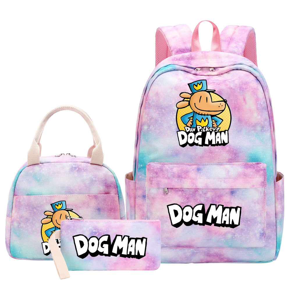 Dog Man Pink Starry Sky SchoolBag Backpack Lunch Box Bag Book Pencil Bags 3pcs Set