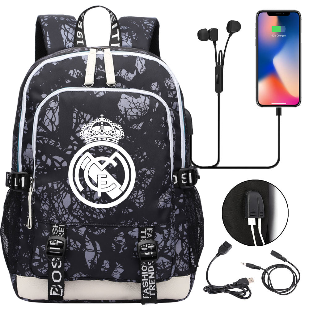 Real Madrid Football Club USB Charging Backpack School Note Book Laptop Travel Bags