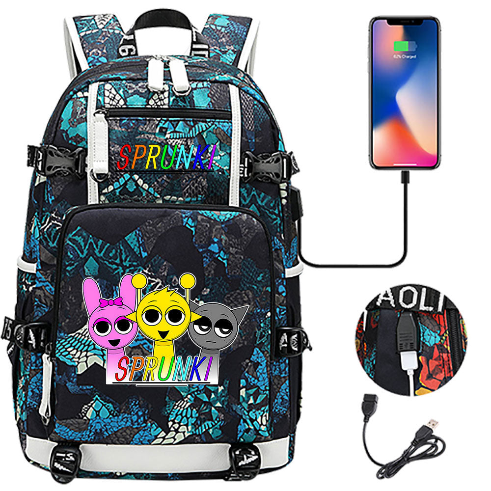 Sprunki USB Charging Backpack School NoteBook Laptop Travel Bags
