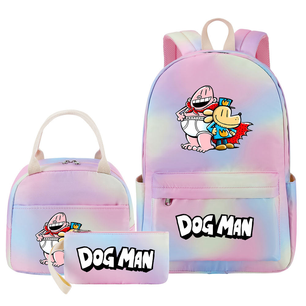Dog Man Pink Starry Sky SchoolBag Backpack Lunch Box Bag Book Pencil Bags 3pcs Set