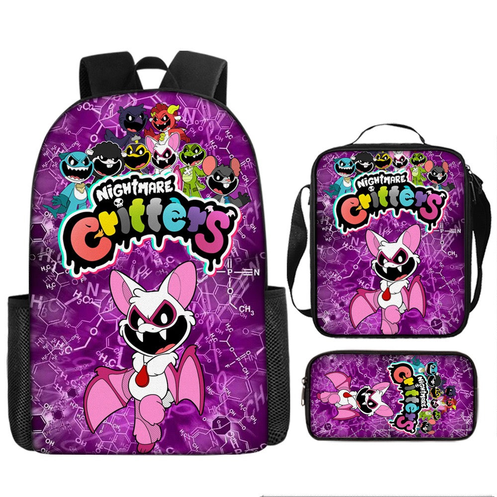 Nightmare Critters Schoolbag Backpack Lunch Bag Pencil Case 3pcs Set Gift for Kids Students