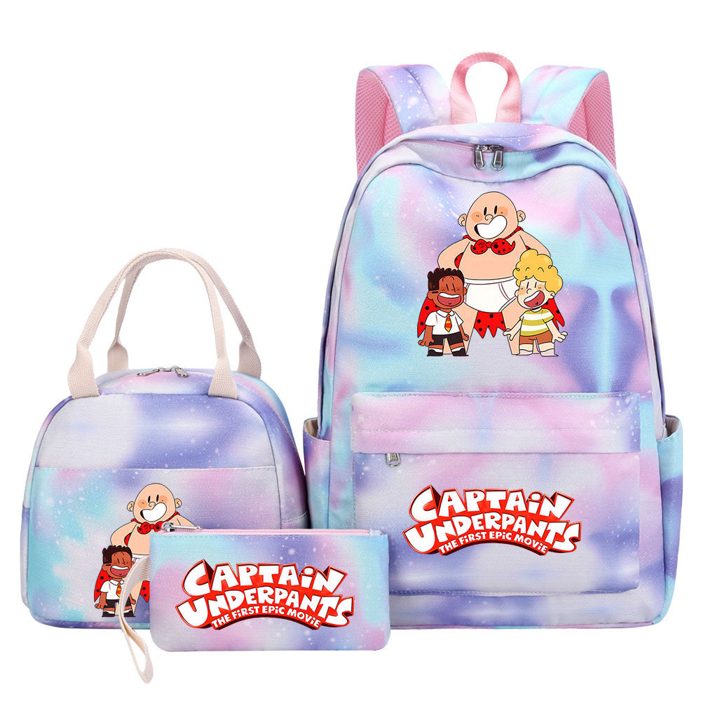 Captain Underpants Pink Starry Sky SchoolBag Backpack Lunch Box Bag Book Pencil Bags 3pcs Set