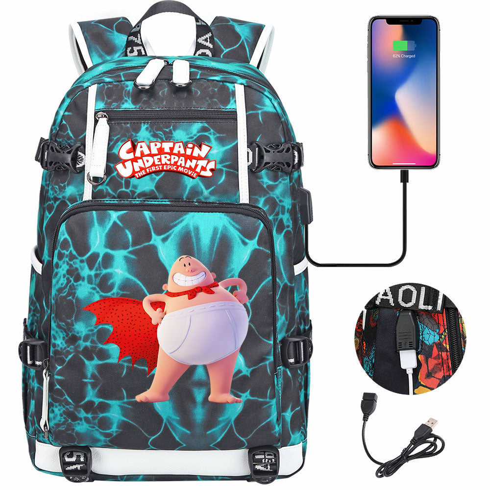 Captain Underpants USB Charging Backpack School NoteBook Laptop Travel Bags