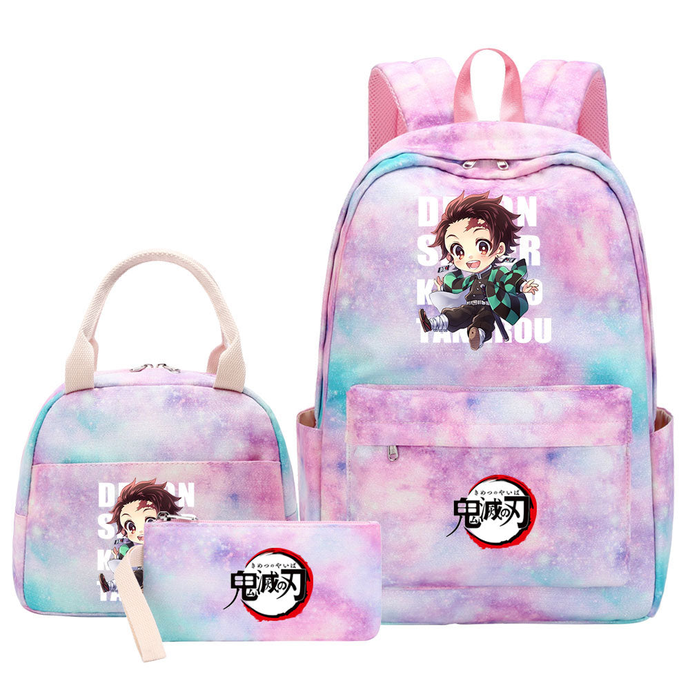 Demon Slayer Kimetsu No Yaiba Kamado Tanjiro  Pink Starry Sky SchoolBag Backpack Lunch Box Bag Book Pencil Bags 3pcs Set