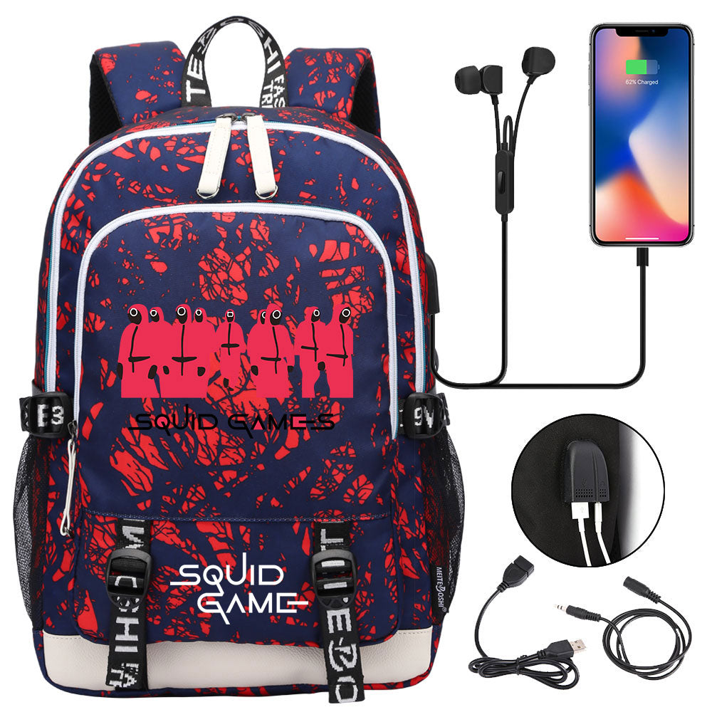 Squid Game USB Charging Backpack School Note Book Laptop Travel Bags
