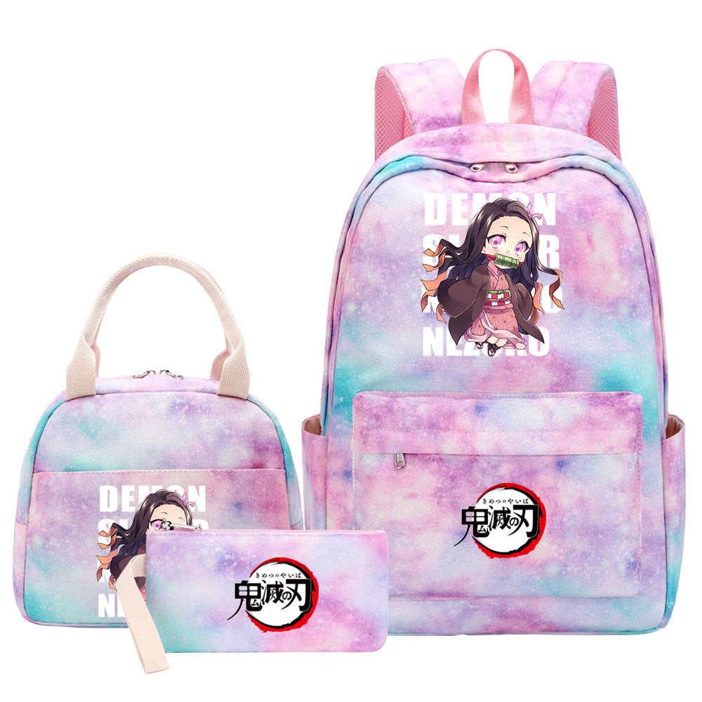 Demon Slayer Kimetsu No Yaiba Kamado Nezuko Pink Starry Sky SchoolBag Backpack Lunch Box Bag Book Pencil Bags 3pcs Set