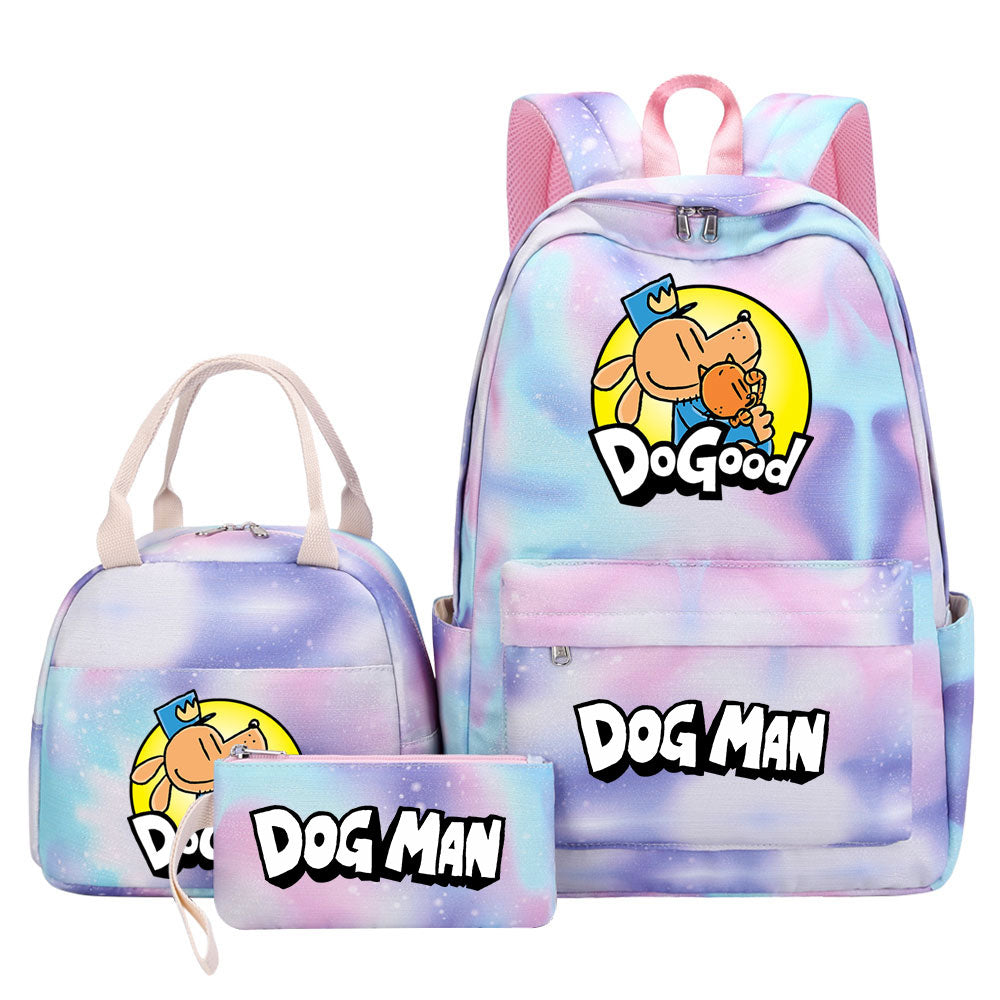 Dog Man Pink Starry Sky SchoolBag Backpack Lunch Box Bag Book Pencil Bags 3pcs Set