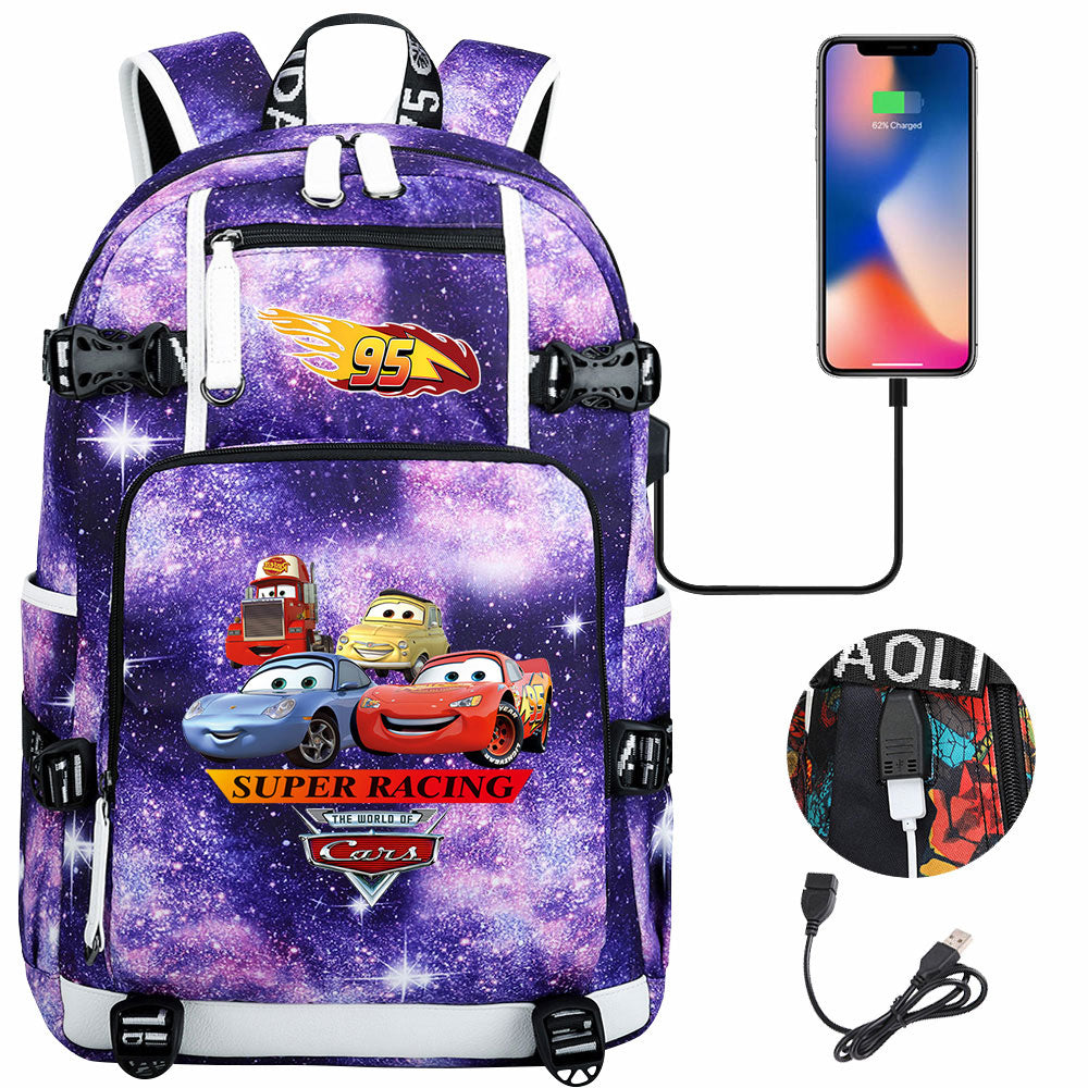 Cars Lightning USB Charging Backpack School NoteBook Laptop Travel Bags